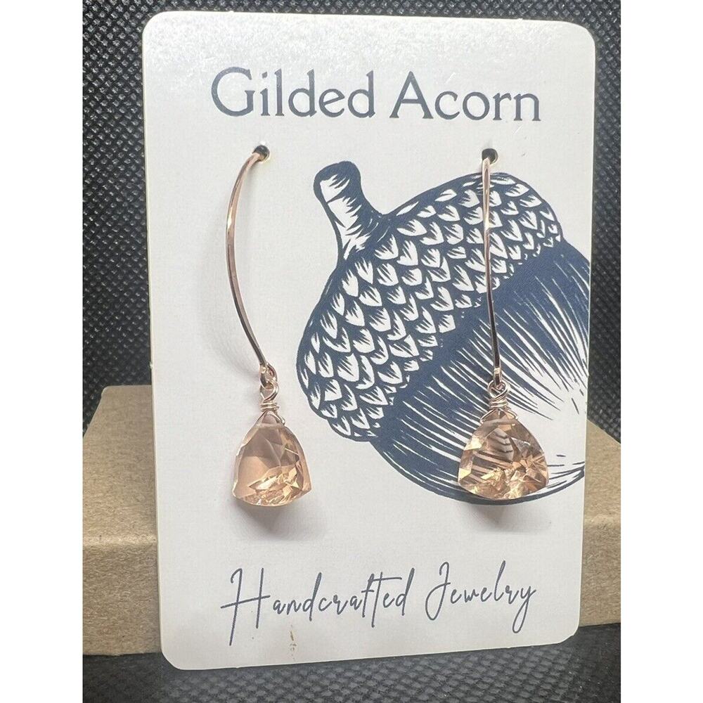 Gilded Acorn Handcrafted Rose Gold Tone Drop Earrings w/Rose color Stone